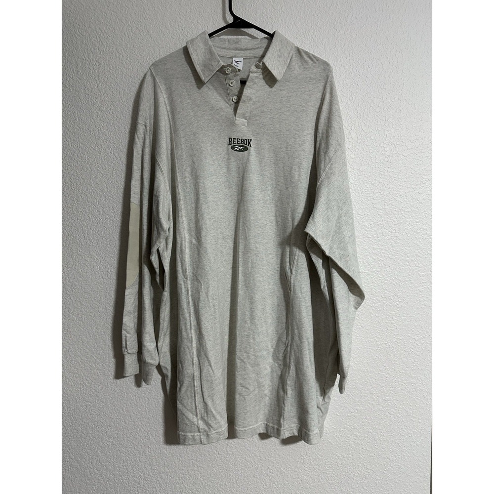 Reebok Vintage Oversized Polo Shirt XL Gray Long Sleeve Embroidered Logo Elbow P